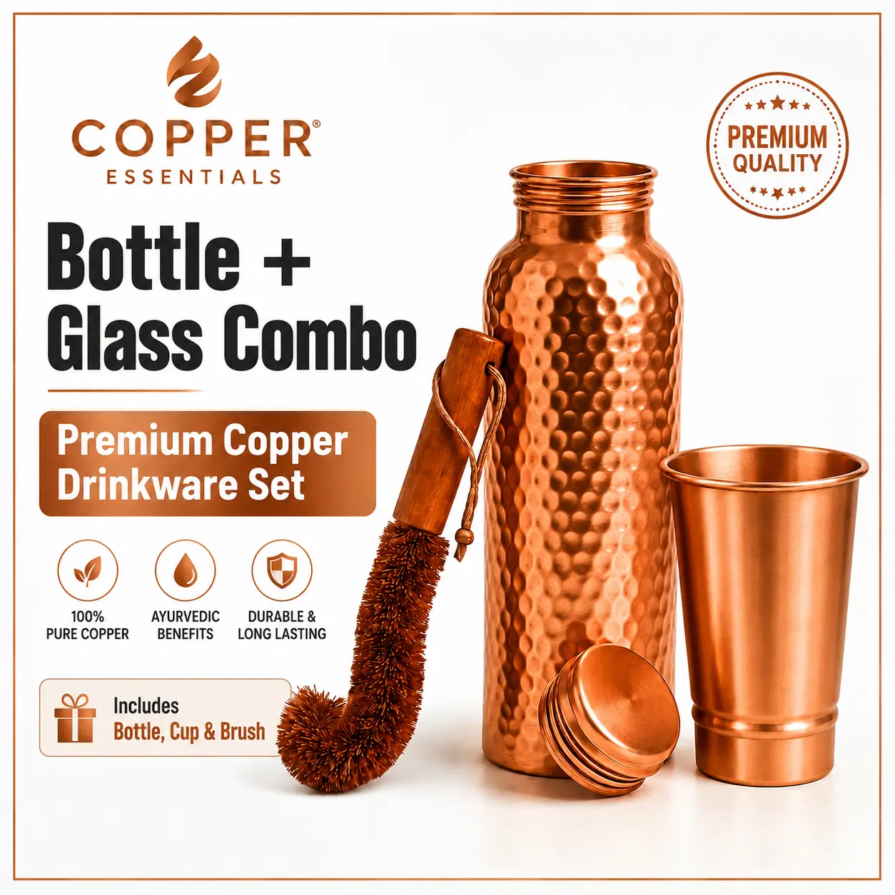 Pure Copper Water Bottle & Glass Cup Combo Set - 32oz Bottle, 400ml Tumbler, Leak-Proof Lid, Cleaning Brush - Premium Kitchenware Drinkware for Home, Travel