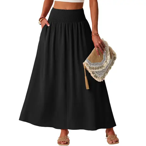 Lepunuo Maxi Skirts for Women Smocked Elastic High Waisted Casual Boho Swing Pleated Beach Long Skirts with Pockets Flared Skirt Lace Skirt