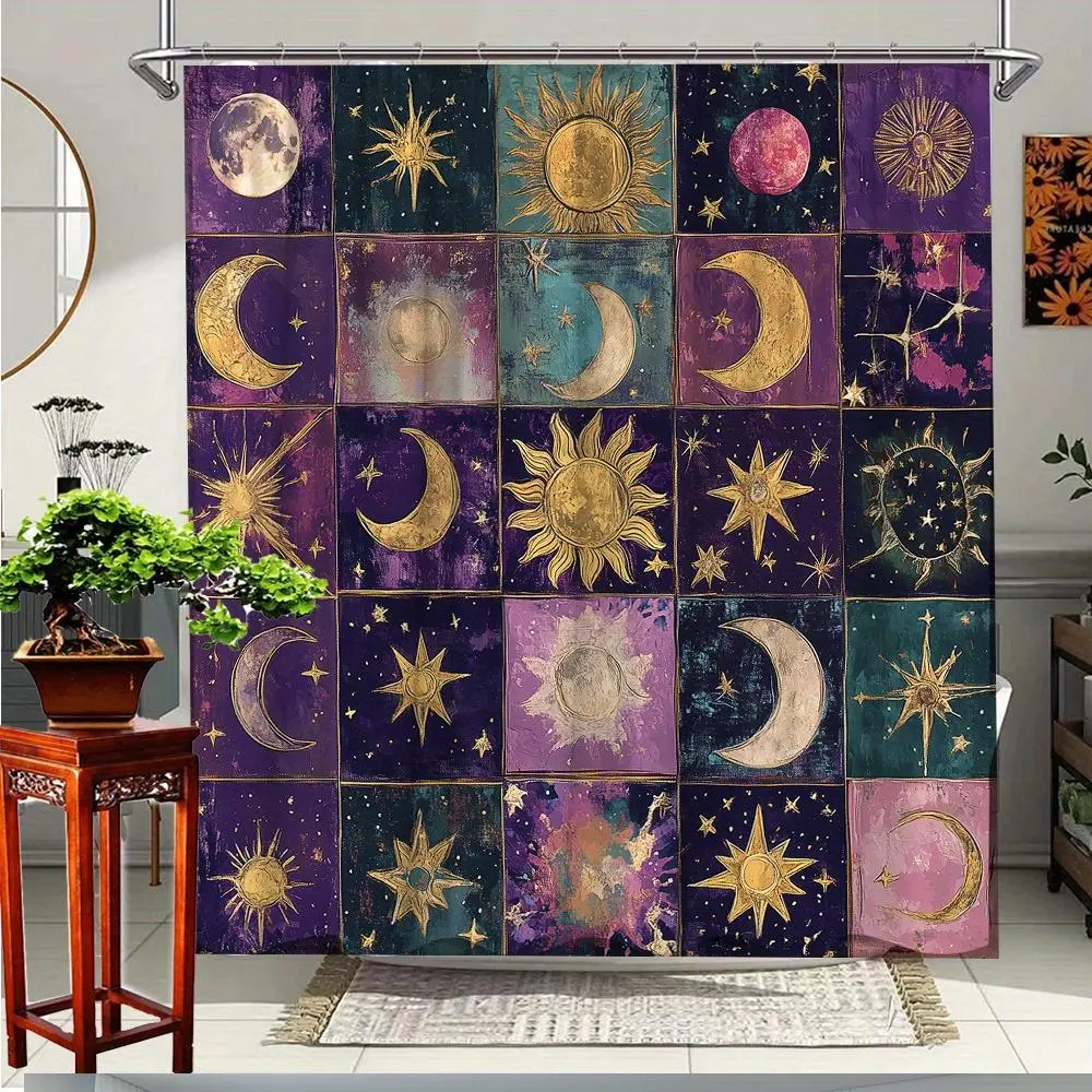 Celestial Decorative Shower Curtain - Solar System Sun, Moon, Stars Pattern, Polyester Fabric, Included Hooks for Bathroom Decorations, Garden Use, Celestial Shower Curtain