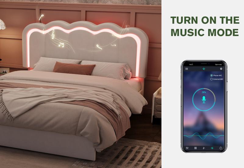 MUTIOCR Velvet Upholstered Bed Frame with Smart LED Lights Large Storage Drawer Adjustable Wavy Headboard No Box Spring Needed Twin Full Queen Sizes White Black Cream Pink