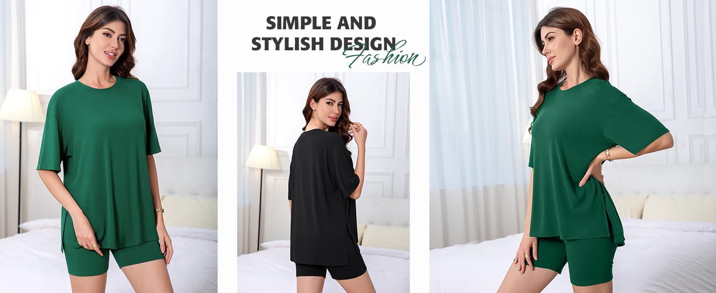 ATTRACO Women's Two-Piece Casual Pajama Set Loose-fitting round-neck shirt with split hem and matching cycling shorts with side pockets. Comfortable loungewear and cozy sleepwear SpringStatements