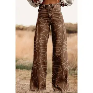 [Denim Print/Imitation Denim] Women's High-Waisted Wide-Leg Pants - Non-Transparent Boho Vintage Brown Trousers, Western Retro All-Season Bottoms for Everyday & Special Occasions (Bohemian, Country Parties, Casual Outfits) Fashion