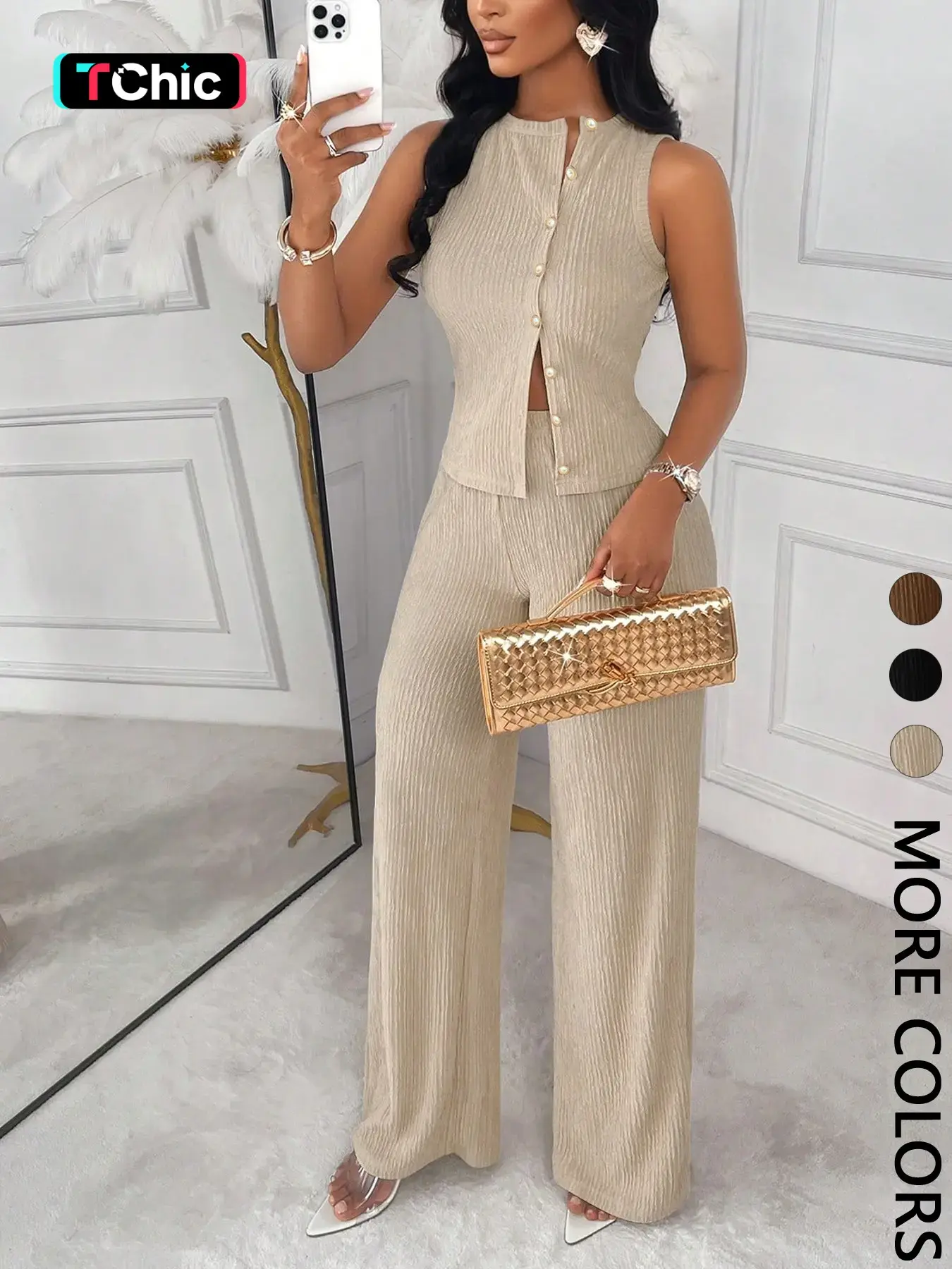 2-Piece Women's Textured Matching Elegant Aesthetic Set Suits, Sleeveless Crew Neck Button-Front Top + Wide-Leg Pants, Solid Beige Design, Chic Sophisticated Style Clothes