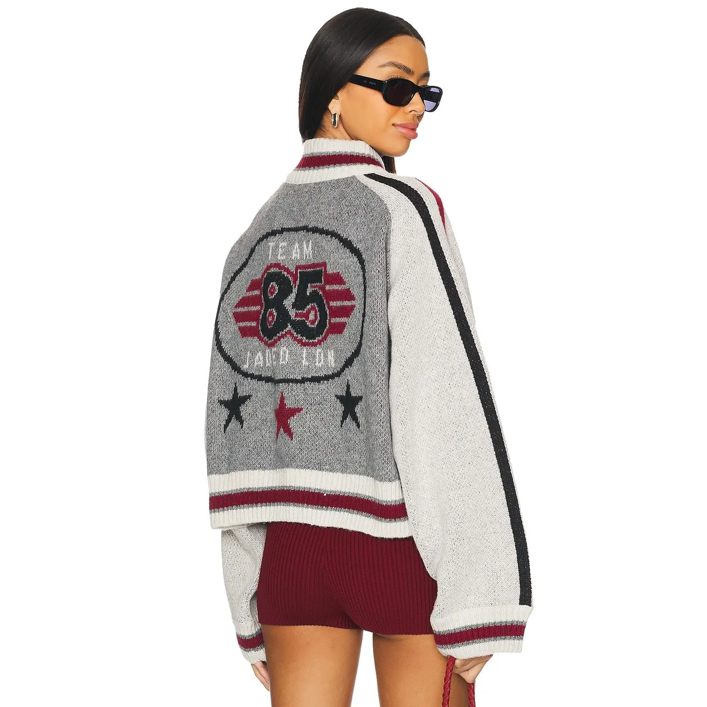 Jaded London Team 85 Knitted Bomber Jacket in Grey Multi