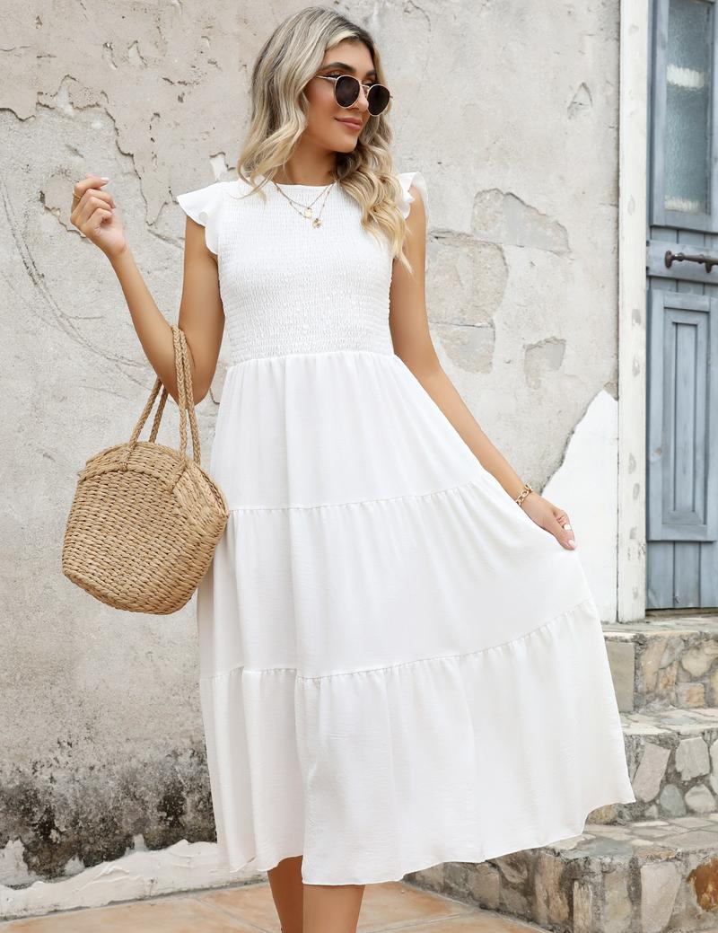 UMIPUBO Summer Flutter-Sleeve Ruched Layered Maxi Dress Casual Womenswear Summer Basic Minimalist