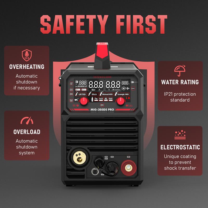 YESWELDER MIG-205DS-PRO Aluminum MIG Welder 205Amp | Synergic Control, 110/220V Dual Volts & Large LED Display | Gas/Flux Core/Spool Gun/Lift TIG/Stick Multiprocess Welding Machine