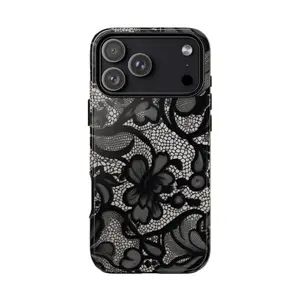 Black Lace Phone Case, Magsafe Case, Vintage Floral Design iPhone Gift for Her Free Wallpaper, For Iphone 17 16 15 14 13 12