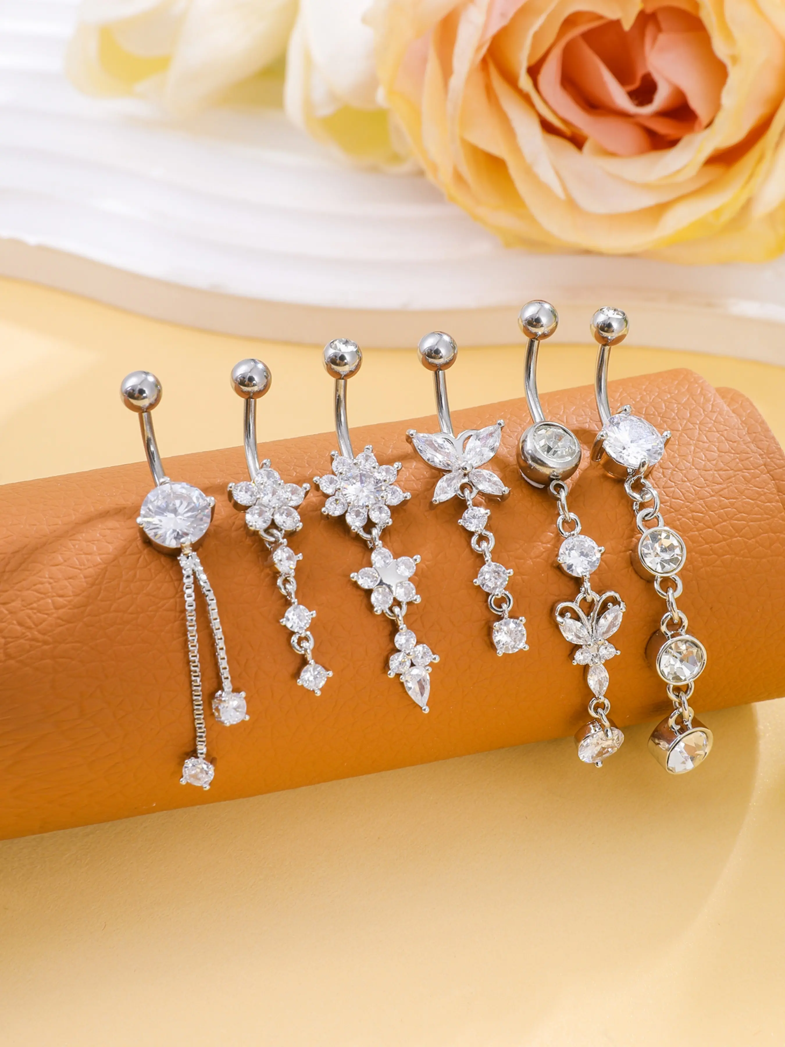 6PCS Silver/Goden Butterfly & Flower Chain Belly Button Ring Set, Stainless Steel Piercing Body Jewelry Crystal Dangle Pendant For Daily Wear Body Piercing Kit Cute Belly Button Rings Body Jewellery