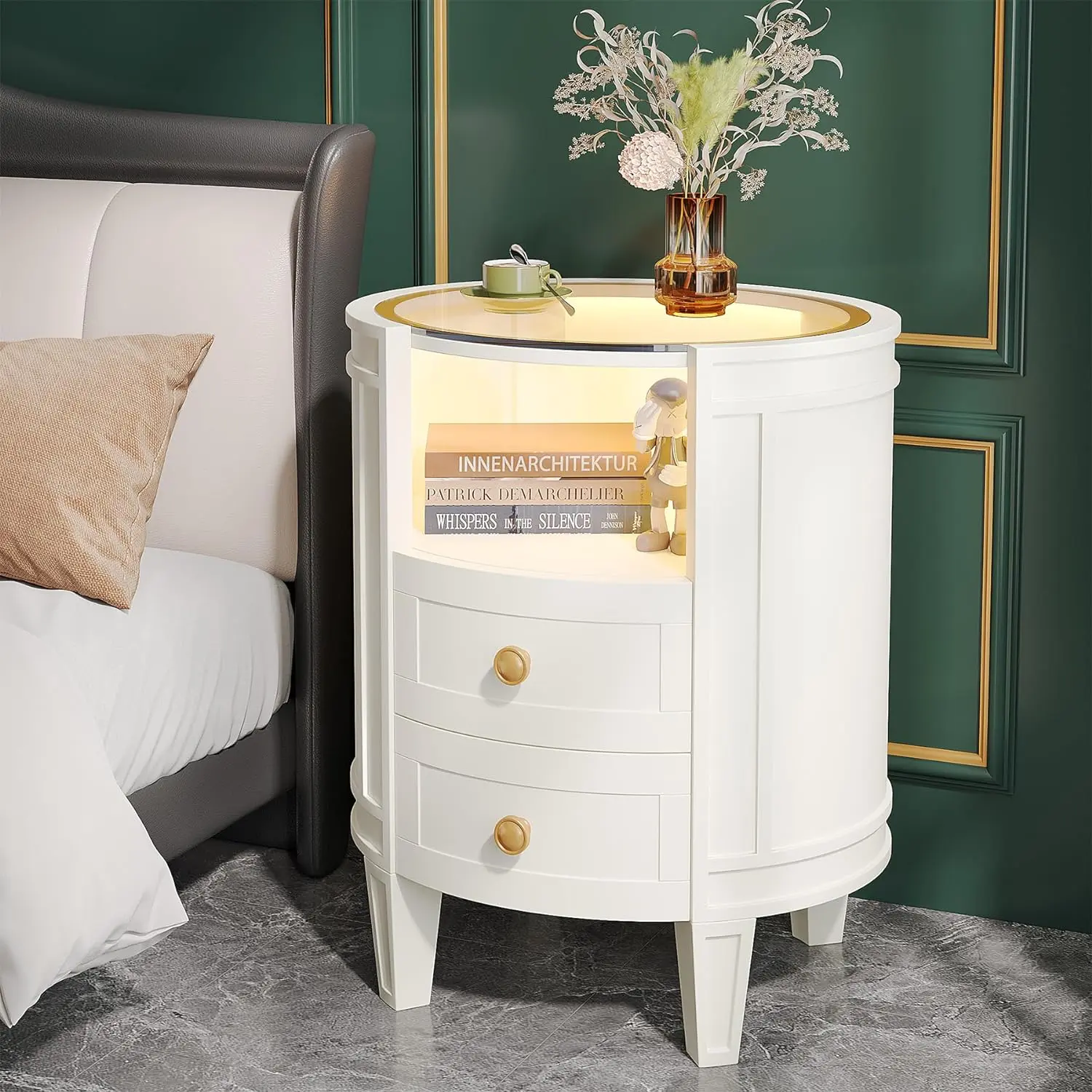 LITTLE TREE 2-Drawer Nightstand with LED Light, Modern Oval Nightstand with Glass Tabletop and Open Shelve