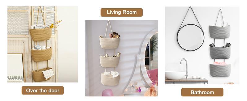 Decorative 3-Tier hanging organizer bag, natural rattan over the door basket – large woven cotton wall-mounted storage, nursery & fall room decor, suitable for renters maximizing space plant hangable laundry basket house organizers