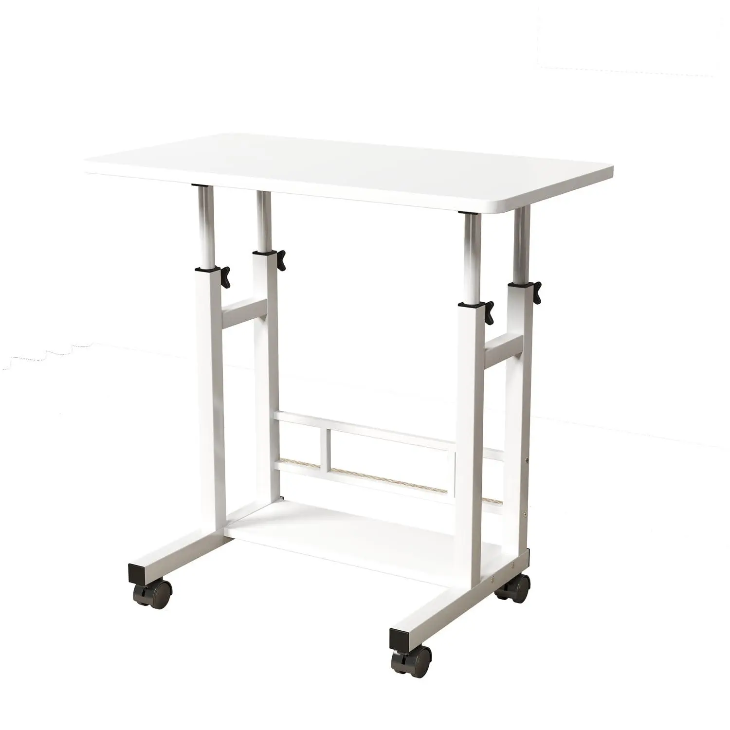 Height-Adjustable Mobile Rolling Standing Office Desk - 31.5x15.75in Large Wood Desktop, 27.16-35.43in Height Range, E-Class Environmental Engineered Wood, Metal Frame, Back & Neck Pain Relief, White, For Walking Pad Treadmill, Assembly Required