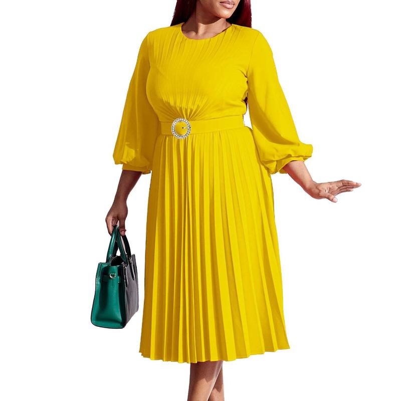 Women’s Pleated Midi Dress with 3/4 Puff Sleeves, Round Neck and Ring-Buckle Belted Waist, A-Line Silhouette with Back Keyhole — Elegant Choice for Work, Church & Wedding Guests