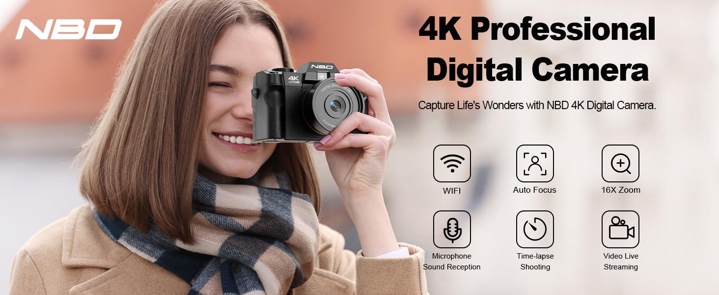 NBD S100 Digital Camera 48MP 4K 180° Flip Screen 16X Digital Zoom 2 Batteries Easy Setup Auto Focus for Beginners PC Camera Enthusiasts Black Pink digital cameras Wireless Compact