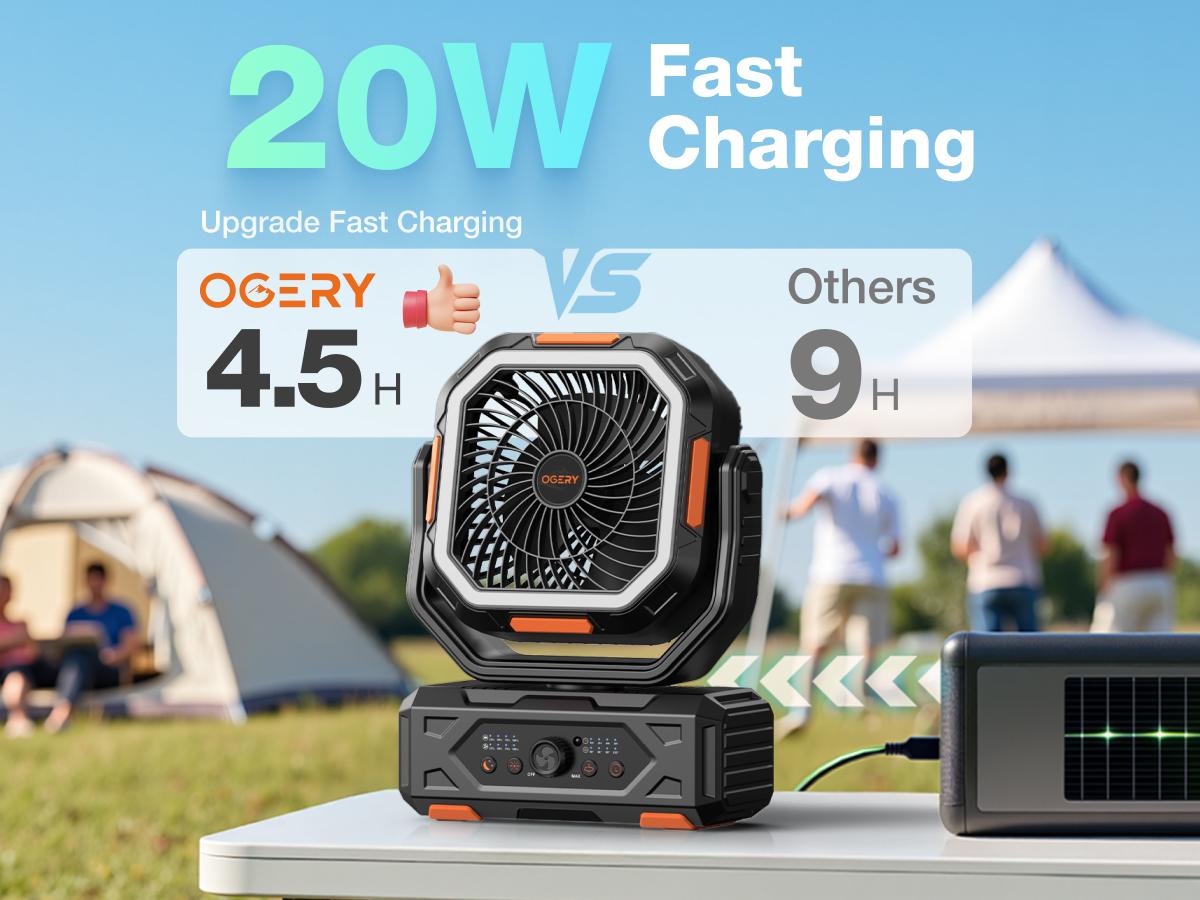 OGERY 2026 Upgraded Camping Fan, 30000mAh Rechargeable Fan with LED Lights & 270° Pivot, Remote Control Shaking Head Desk Fan for Tent Travel Home Multifunction Outdoor Activities