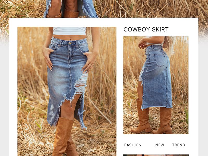 Asvivid Western Asymmetrical Ripped Denim Midi Skirt with Pocket Women High‑low Distressed Irregular Raw Frayed Hem Casual Destroyed Cowgirl Jean Skirts Bottoms Clothes for Back To School Fashion Fall Pick Asvivid Western Asymmetrical Ripped Denim Midi Skirt with Pocket Women High‑low Distressed Irregular Raw Frayed Hem Casual Destroyed Cowgirl Jean Skirts Bottoms Clothes for Back To School Fashion Fall Pick