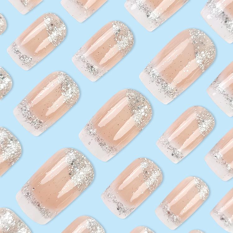 Square Press on Nails Medium French Tips Fake Nails Silver Glitter Acrylic Nails Press ons White Ombre Glue on Nail Shiny Stick on Nail Nude False Nails for Women Girls Nails Decoration 24Pcs