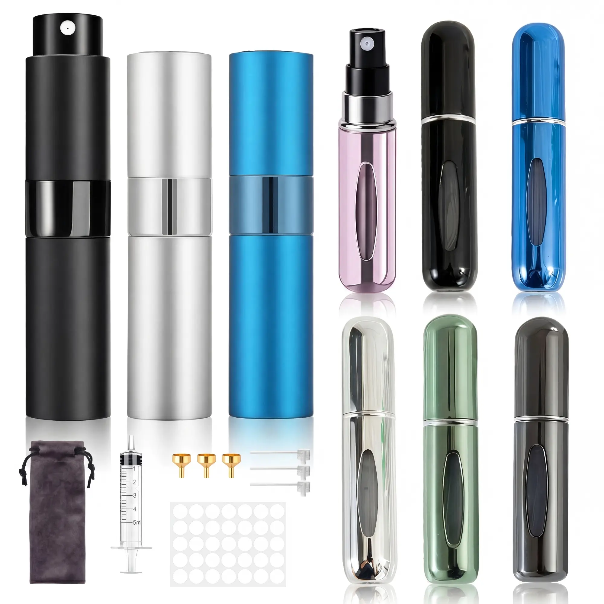 Multi-Color Refillable Travel Perfume Atomizer Set (9-Piece Cosmetic Tools) - Polished Aluminium Mini Spray Bottles (3x8ml, 6x5ml), Nano-Fine Mist Nozzle, Compact Durable Lightweight Space-Saving for Women