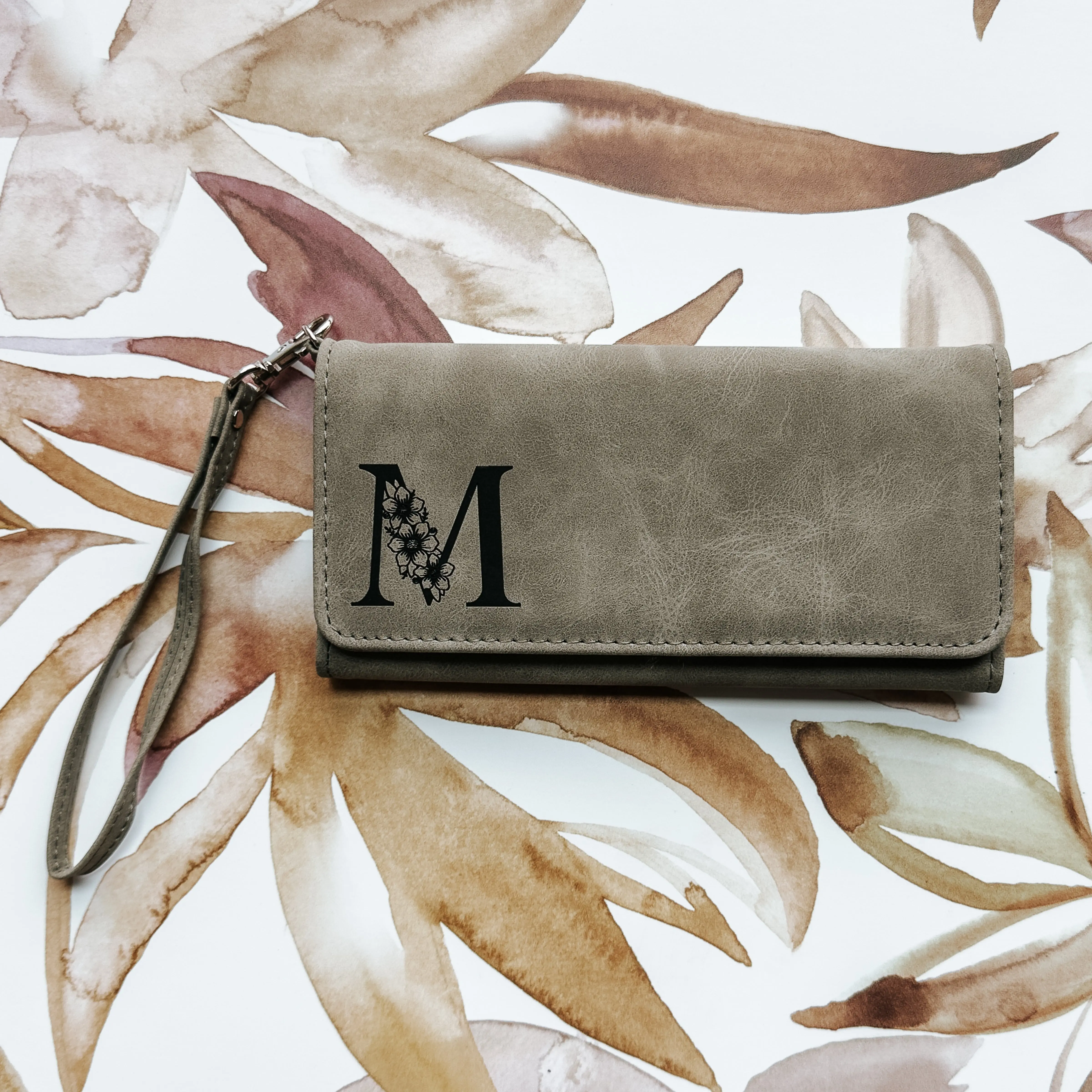 Personalized Floral Initial Wallet Wristlet – RFID Leatherette Wallet with Strap