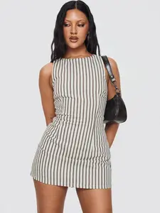 Princess Polly Yumiko Romper Brown Stripe Cotton Tie-back Stripe Romper Crew Neckline Built-in Shorts Zip Closure Non-stretch Fully Lined - Dress