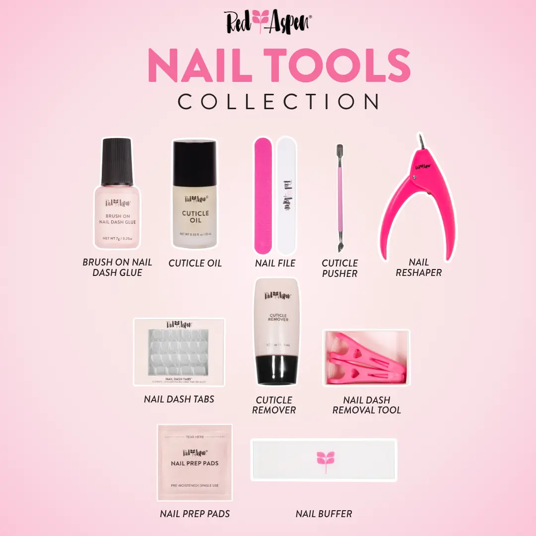 Red Aspen Nail Care Essentials Professional Manicure Tools Glue Tabs Cuticle Oil File Prep Pads Buffer