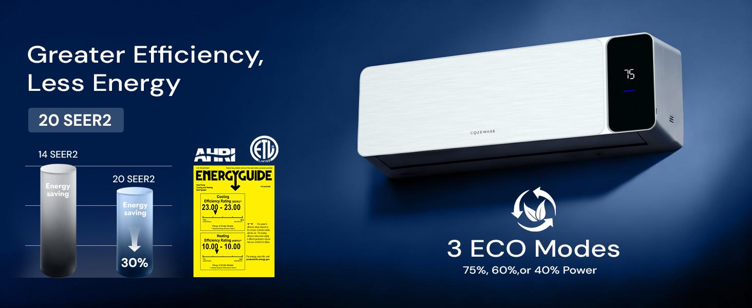 Cozeware 12K BTU 115V/230V Mini Split Air Conditioner Heat Pump 20 SEER2 Inverter Compatible with Wifi Alexa Cools Up to 750 Sq Ft for Living Room Bedroom Study Loft Garage