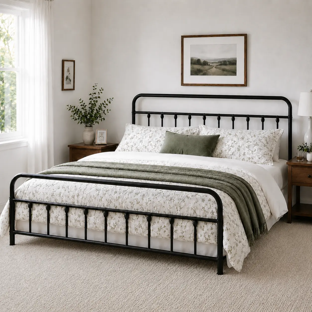 Costoffs Classic Cast Iron Farmhouse Platform Bed Frame - California King Size, Tall Curved Top Decorative Spindle Headboard, High Footboard, Sturdy All-Metal Frame, Vintage Charm, Under-Bed Storage, Farmhouse Bed Frame, All-Metal Beds