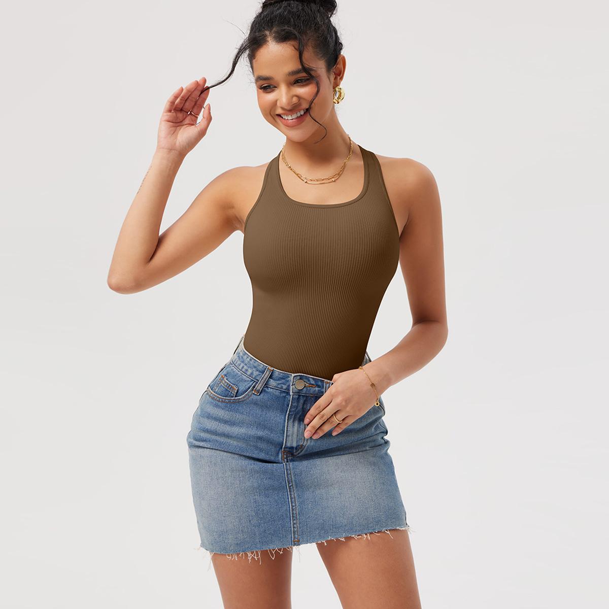 OQQ Women's 3 Piece Sexy Sleeveless Square Neck Bodysuits Ribbed Racerback Comfort Basic Slim Stretchy Bodysuits Womenswear Underwear Lady Minimalist Jeans Tank Tops Soft Everyday SpringStatements