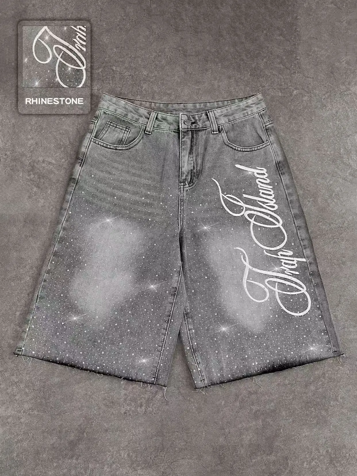 Men's High-Waist Studded Embroidered Casual Jeans - Menswear, Graphic, Elegant, Cute, Chic, Button Fly, American Street Style, All-Season Daily Wear Denim; Letter-Embroidered Shorts (TikTok Shop Back to School), Preppy