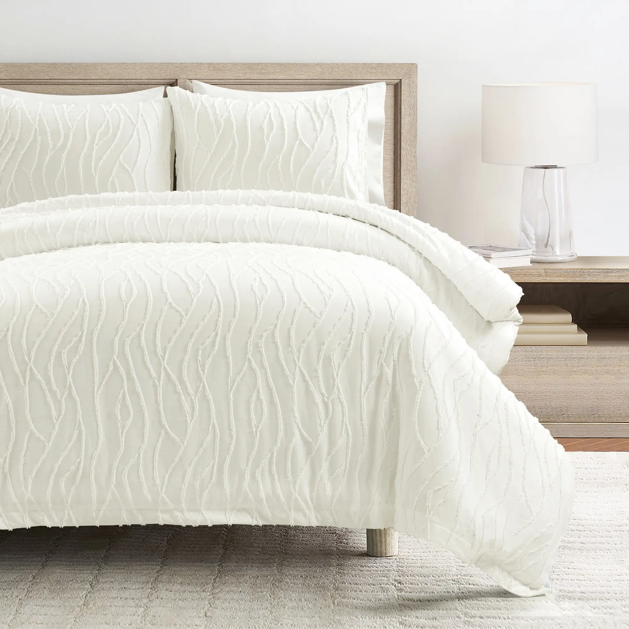 Lush Decor Jacquard Wave 3-Piece Duvet Cover Set (Full, Queen, King) - Soft White Textured Tufted Clip Design, Soft Bedding Sets, Decorative Duvet Cover, Boho & Coastal Bedding for Cottage Bedrooms, Bedding Set, Boho Bedding