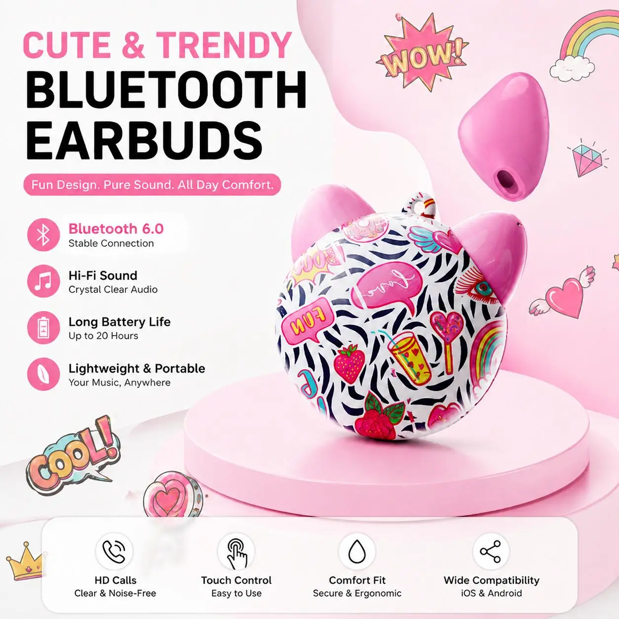 Cute Cat Ear Design TWS Wireless Earbuds - Audio Gadget with Clip Keychain, 20H Playtime, HiFi Stereo Sound, Mic, Mini Portable Headphone with Charging Support, Gift for Women Teen Girls