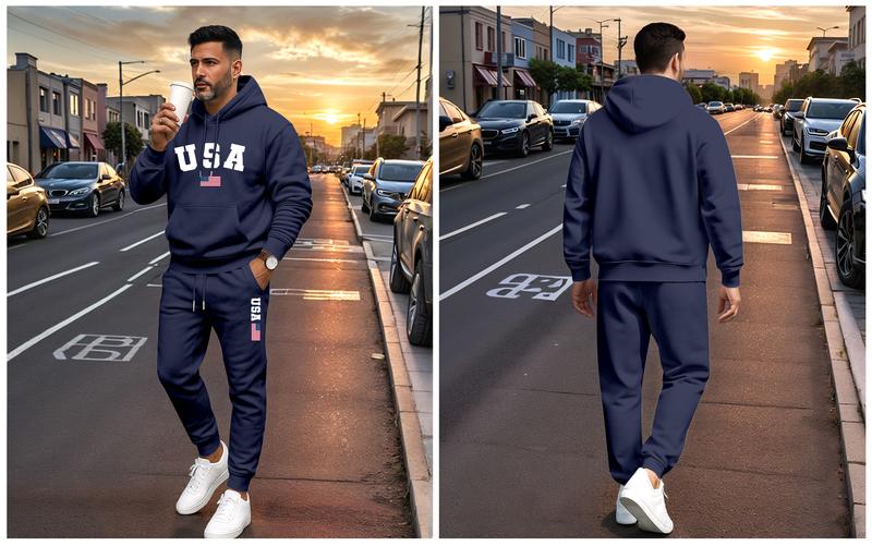 Men's USA Letter Printed Hoodie & Drawstring Sweatpants Set Casual Athletic Long Sleeve Hooded Jacket & Trousers for Fall Winter Spring Autumn 100% Polyester Tracksuit Athleisure