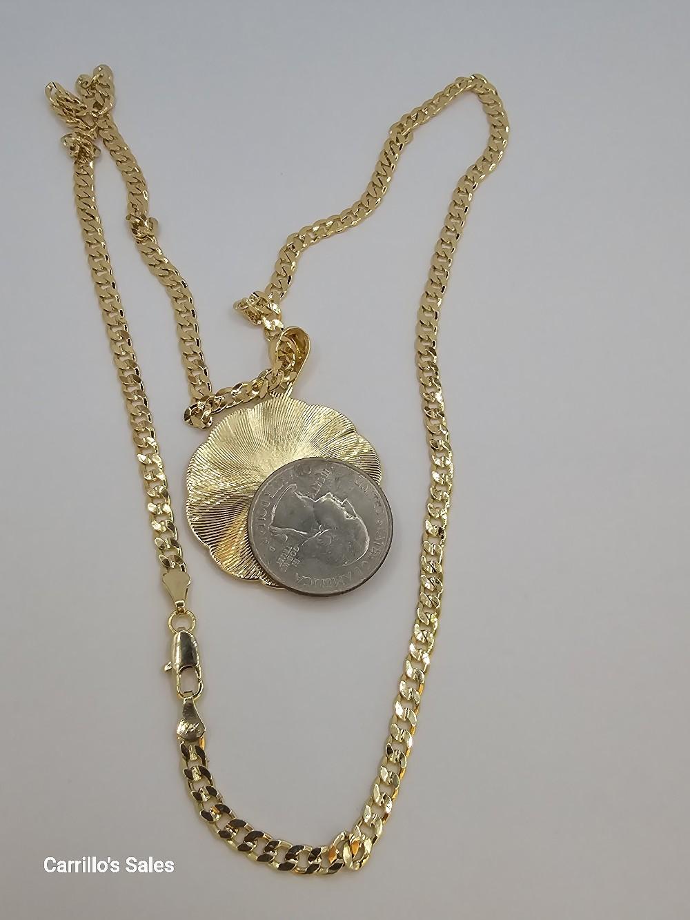 VIRGIN MARY with flowers  Cuban necklace style gold-plated beautiful design no fade no tarnish just don't take long showers with them gold over stainless