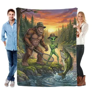 Funny Bigfoot Fishing Mens Alien Sasquatch Fishing Boys Flannel Blanket Soft Blanket for Sofa Couch Bed Camping Travel - Plush Warm Home Decor for All Seasons