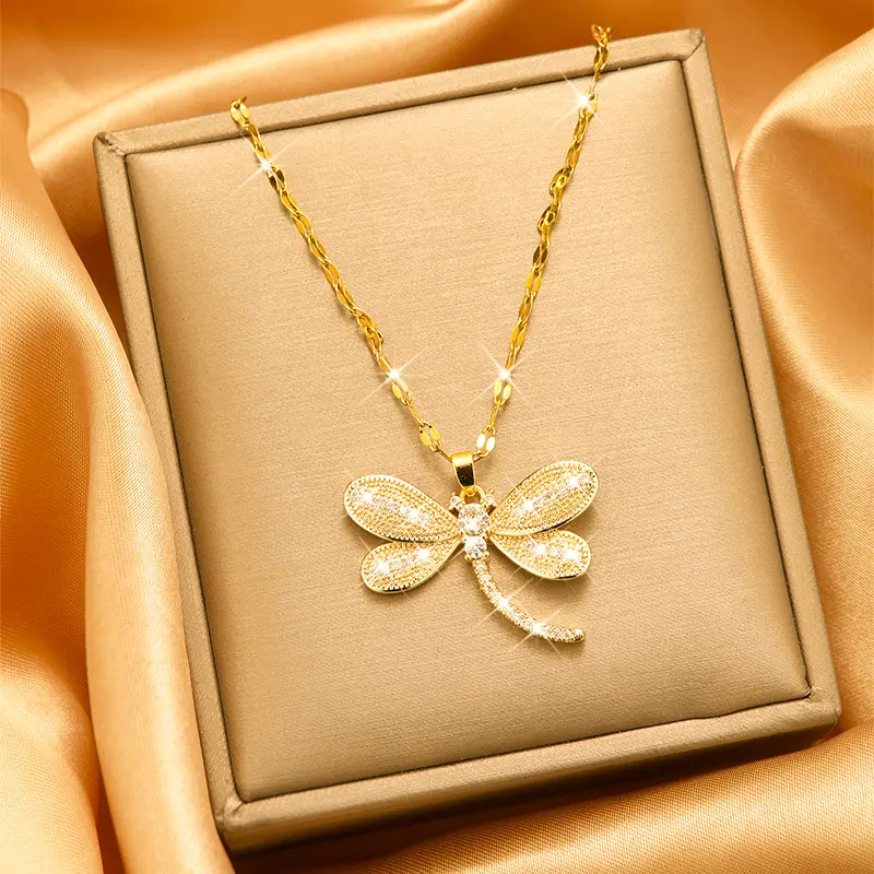 Female Gold-Plated Steel Dragonfly Pendant Necklace - Elegant Oversized Statement Unique Accessory with Inlaid Artificial Zircon Gemstones