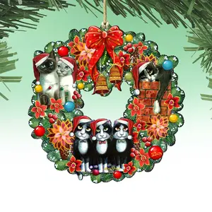 Designocracy 8185307-5-SL-S2 5 x 5.5 in. Christmas Friends Kitty Wreath Wooden Ornaments - Set of 2