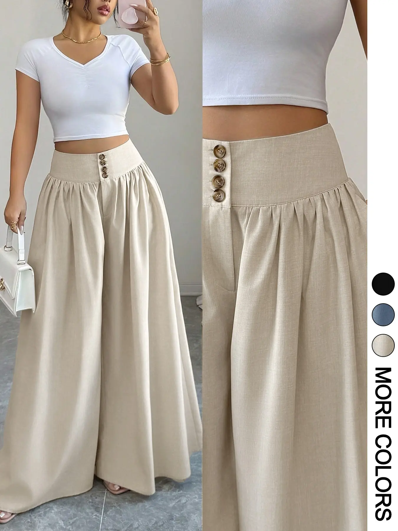 Women's High-Waisted Wide-Leg Palazzo Pants, Button Fly Gathered Waist Flowy Trousers, Loose Leg Pants, Button Front Trousers, Tummy Control Office Casual Wear, Old Money & Boho Style, Perfect for Summer Vacation