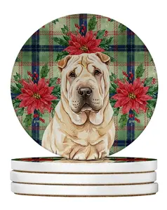 Carolines Treasures WDK8808RCS4 4 x 4 in. Shar Pei Christmas Poinsettias Large Sandstone Coasters, Pack of 4