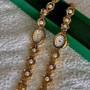 Women's quarter watch with pearl bracelet, gold dial, alloy case and strap, not an ideal Valentine's Day, Easter, birthday, Mother's Day gift