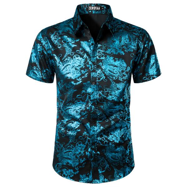 ZEROYAA Men's Luxury Paisley Shiny Printed Slim Fit Short Sleeve Button Up Dress Shirt