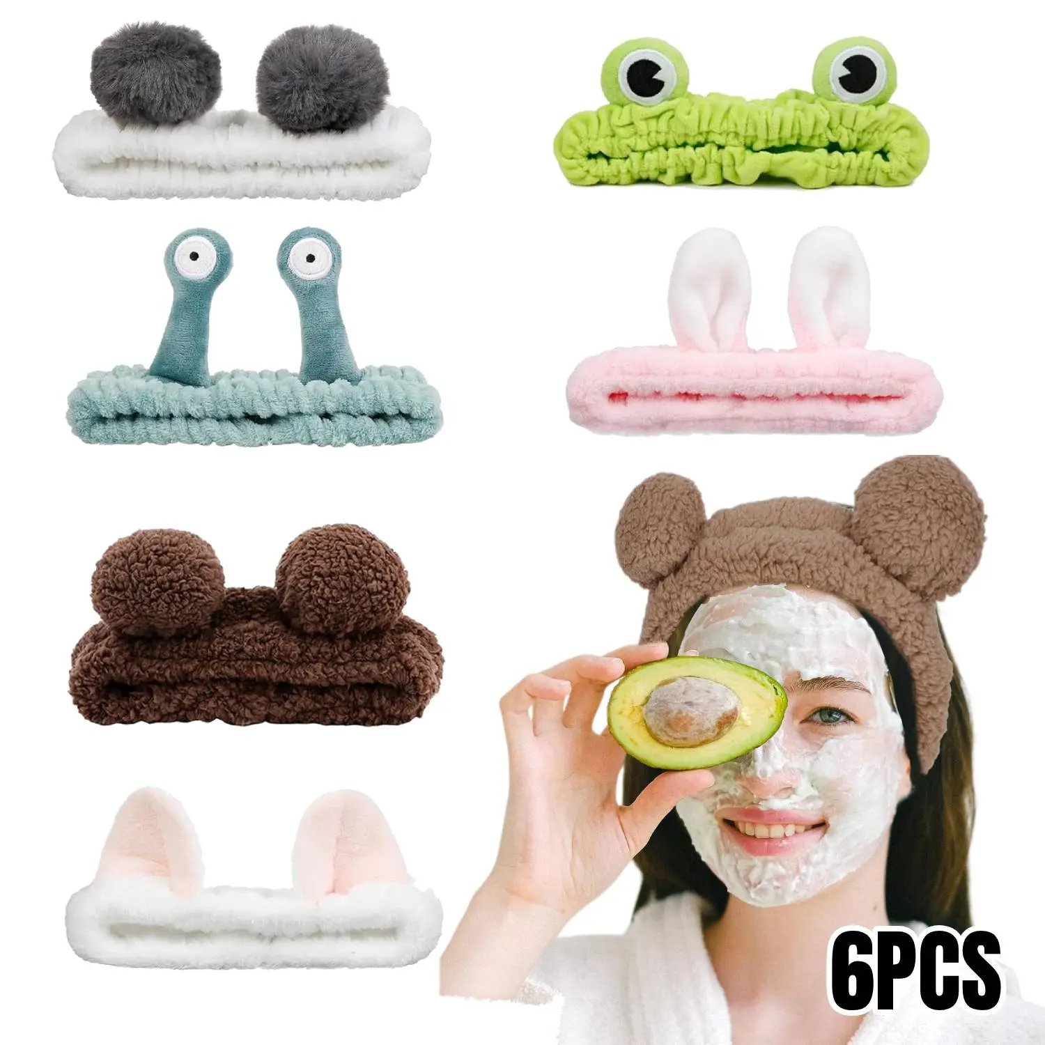 Pack Of 6 Cute Face Wash Headbands, Animal Ear Spa Headband, Fashion Makeup Hairband, Fuzzy Bear Bunny Cat Headband, Soft Skincare Hair Additions for Women, Great for Face Washing, Makeup