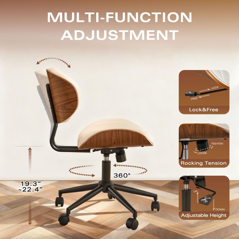 【Jumpstart Sale】Ovios Wide Curved Seat&Back Armless Home Office Chair, Adjustable-Height Desk Chair, 360° Swivel&Tilting Function, PU Fabric Stylish Walnut Task Make Up Chair for Meeing Room,Dining Room