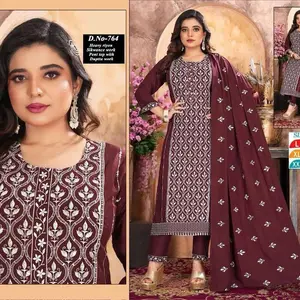Soft Rayon fabric Embroidered, Sequins And Thread Work Pant Style Suit with Dupatta Work Elegant Salwar Kameez Suit Set Outfit for Special Occasions