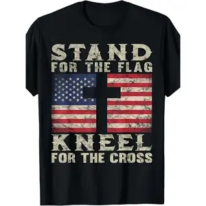 [100% Cotton] MENChristian Patriotic Stand For The Flag Kneel For The Cross T-Shirt - Distressed American Flag & Cross Design, T-Shirt For Men And Women