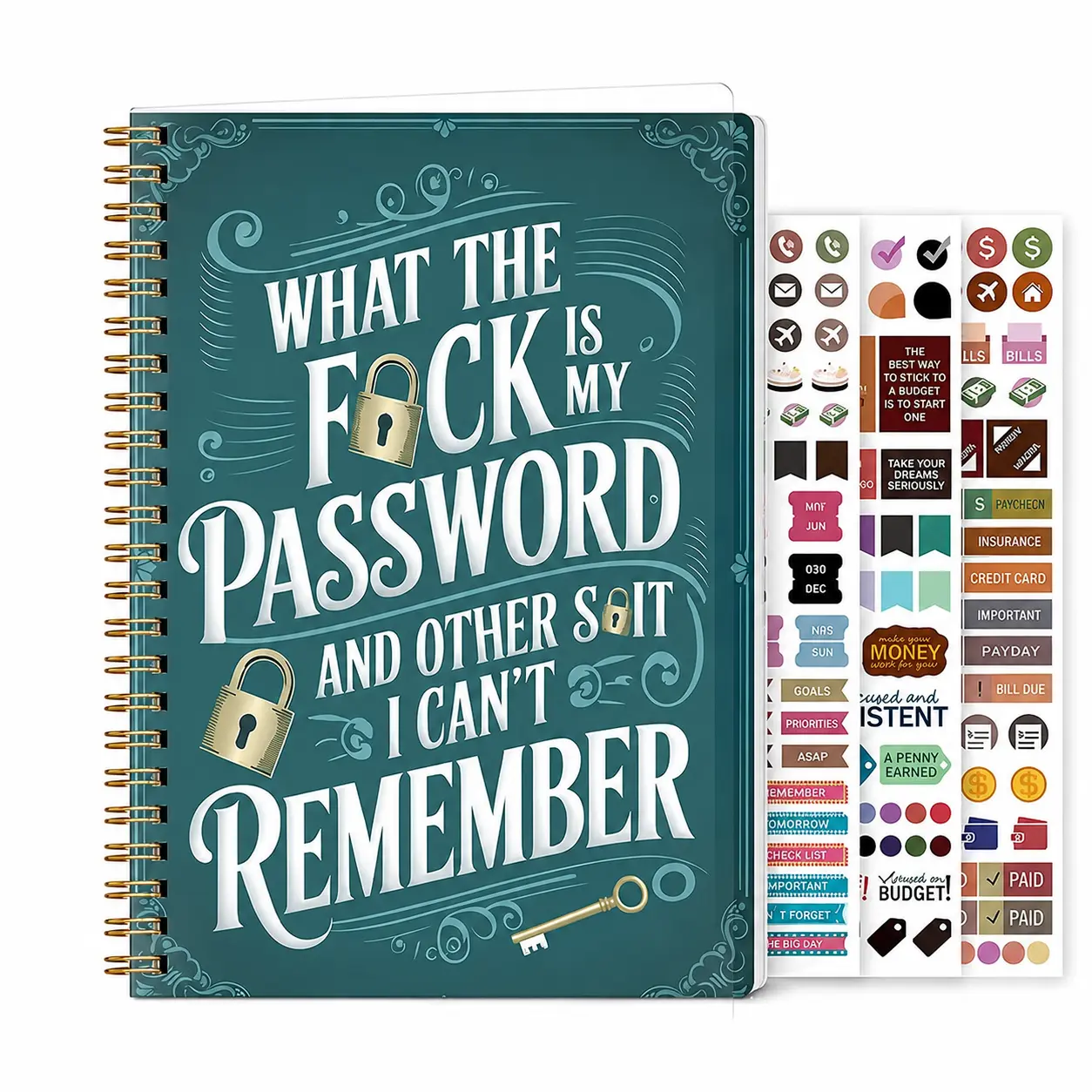 Funny Password Notebook What The Fu-ck My Password & Forgotten Stuff Journal Novel & Creative Password Keeper Spiral Bound with Lock Icons & Funny Security Phrases