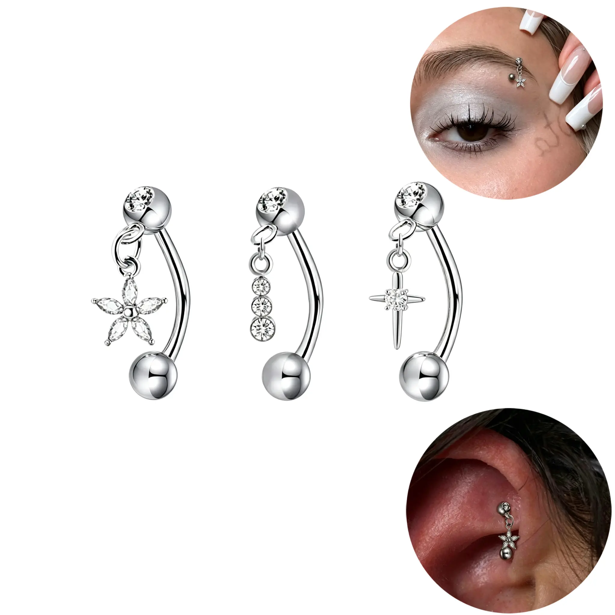 3pcs Flower Eyebrow Piercings Unisex Rook Piercings Lip Piercings Hypoallergenic 16G Stainless Steel External Threaded Curved Barbell For Rook，Vertical piercings，Lips Dangle Piercing Jewelry