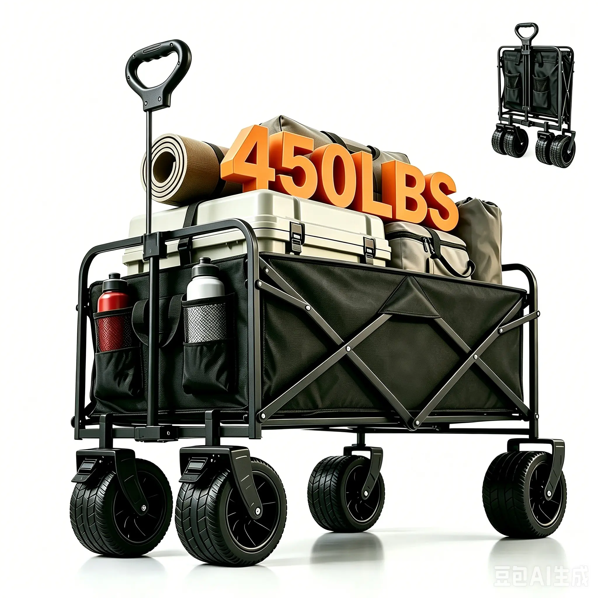 【Back to School】 Heavy-Duty Foldable Plastic Utility Cart - 350lbs Capacity, Big All-Terrain Swivel Wheels, Drink Holders, Adjustable Handle, for Grocery Shopping, Home Improvement, Camping, Outdoor