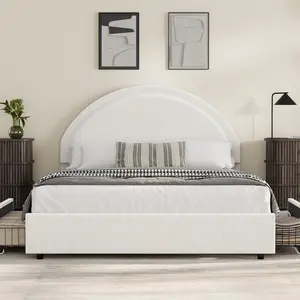 Gaomon Queen Size Boucle Upholstered Platform Bed Frame with Round Headboard, 2 Storage Drawers, Heavy-Duty Wooden Slats, Noise-Free, No Box Spring Needed, White, Bed Frames for Queen, Queen Bed Frame