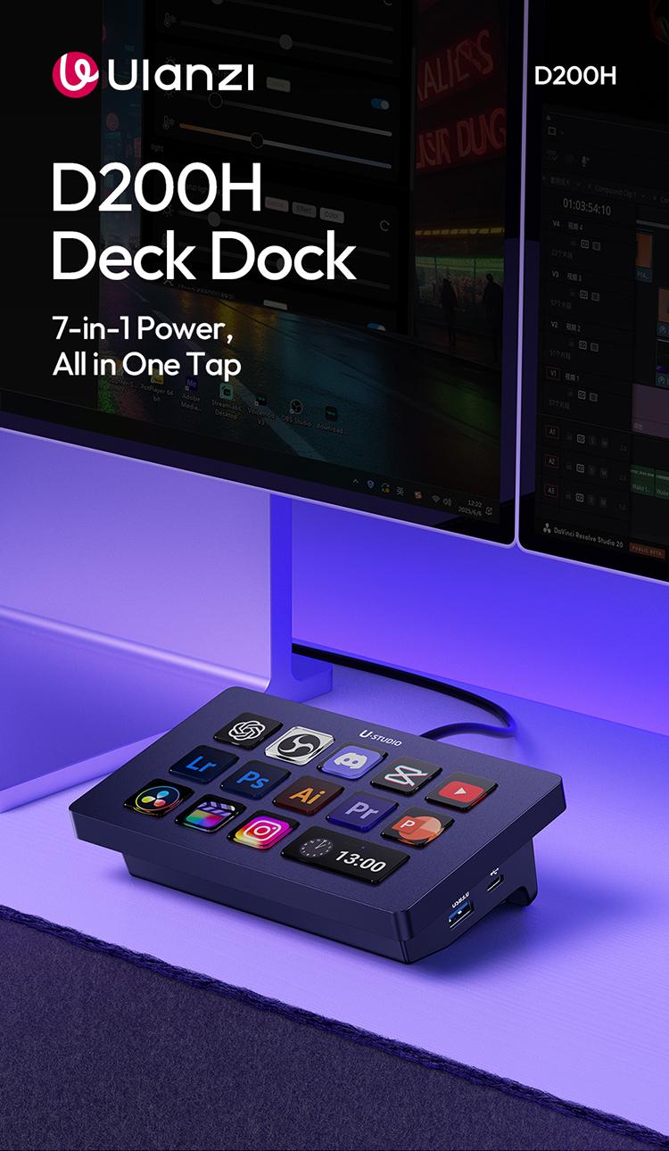 Ulanzi D200H Gaming Stream Controller,Control Pad, 7-in-1 Deck U-Studio Stream Controller Keyboard，with 14 LCD Keys, 13 Customizable Macro Keys Dock to Control Apps and Software, Trigger Actions in OBS, Twitch, YouTube, for Mac/PC