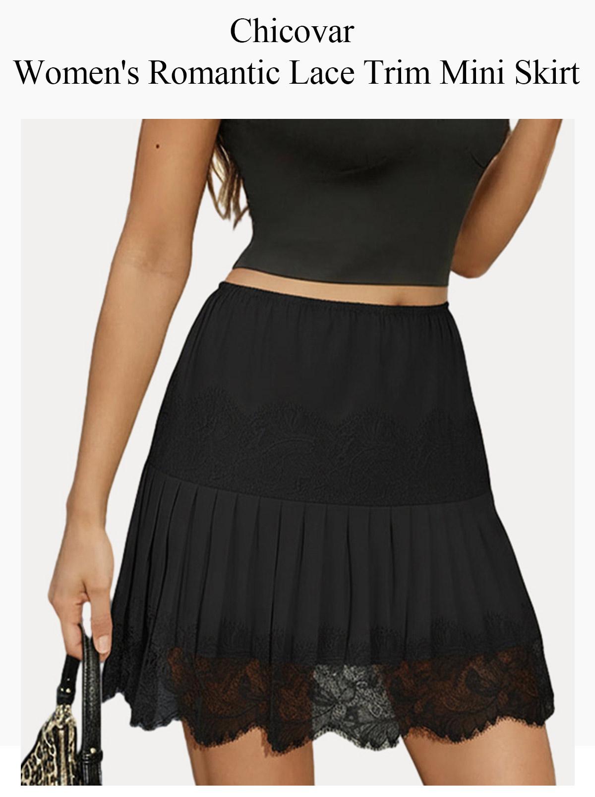 Chicovar Women's Lace Mini Skirts Casual Stretchy Waist Solid Color Loose Fit Pleated Skirts Summer A-line Skirts Perfect for Fall Layering, Easter Dress, Holidays, Vintage look, NO Shorts