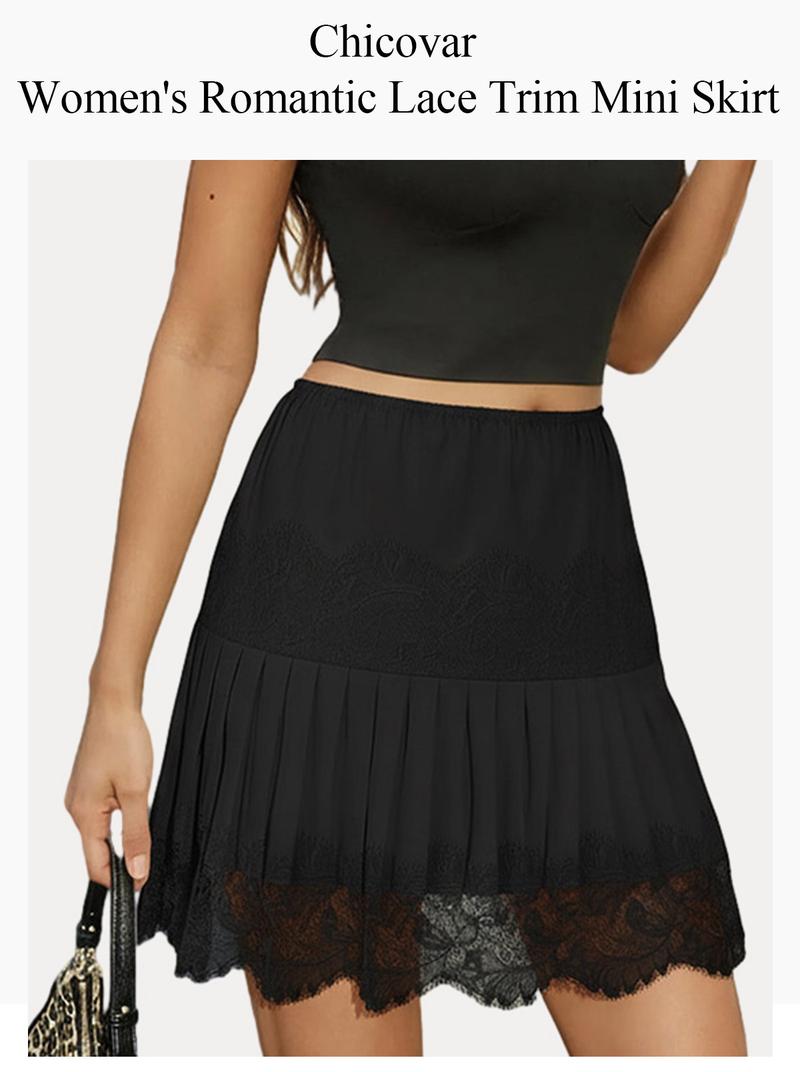 Chicovar Women's Lace Mini Skirts Casual Stretchy Waist Solid Color Loose Fit Pleated Skirts Summer A-line Skirts Perfect for Fall Layering, Holidays, Vintage look, NO Shorts